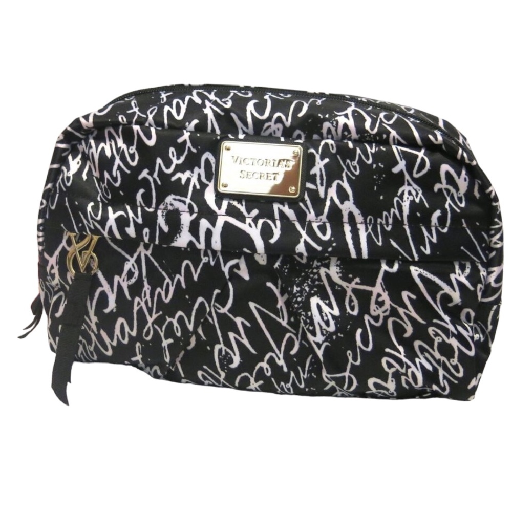 Victoria's Secret BEAUTY Black & White Freehand Logo Nylon Cosmetic Makeup Bag